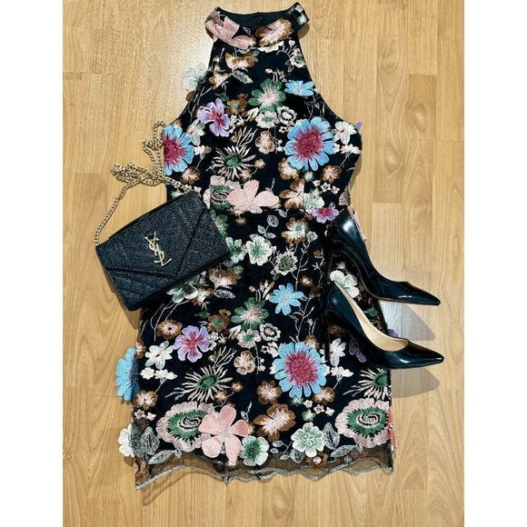Entra Black Floral Overlay High Neck Sleeveless Dress - Picture 12 of 13